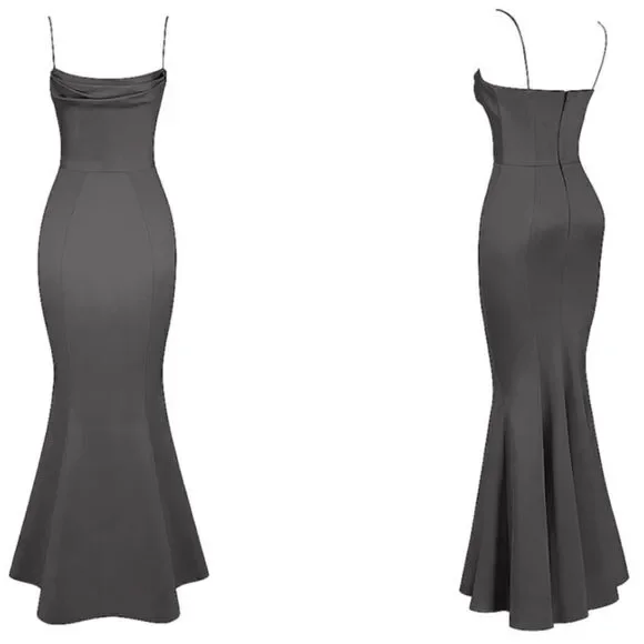 NWT House of CB 'Violette' Shadow Grey Satin Fishtail Maxi Gown XS